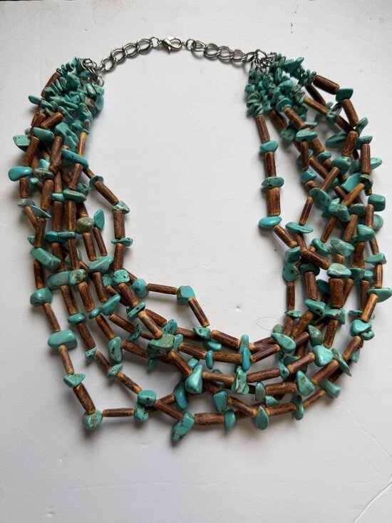 Unknown Jewelry - Genuine Turquoise Nuggets Wood Beads 7-Strand Necklace Southwestern Style 22" L
